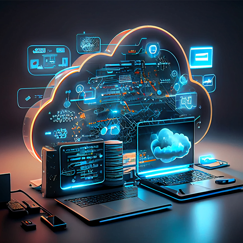 Blog_Post_Emr-Conversion Futuristic digital scene with glowing laptops and cloud icons, surrounded by holographic data and neon lines, conveying a modern tech atmosphere.