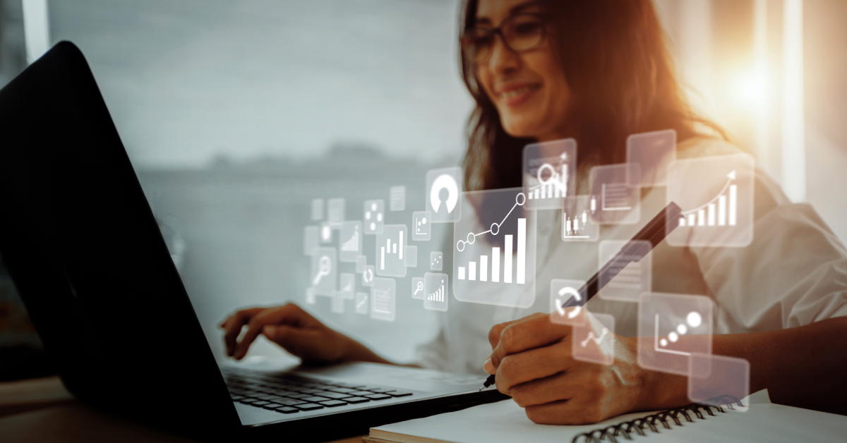 ERP healthcare data_2 woman on laptop with graphs and charts overlaid