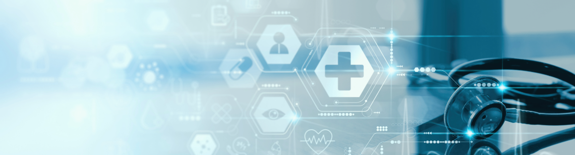 ERP healthcare data_1 tech image with healthcare shields overlaid on medical table